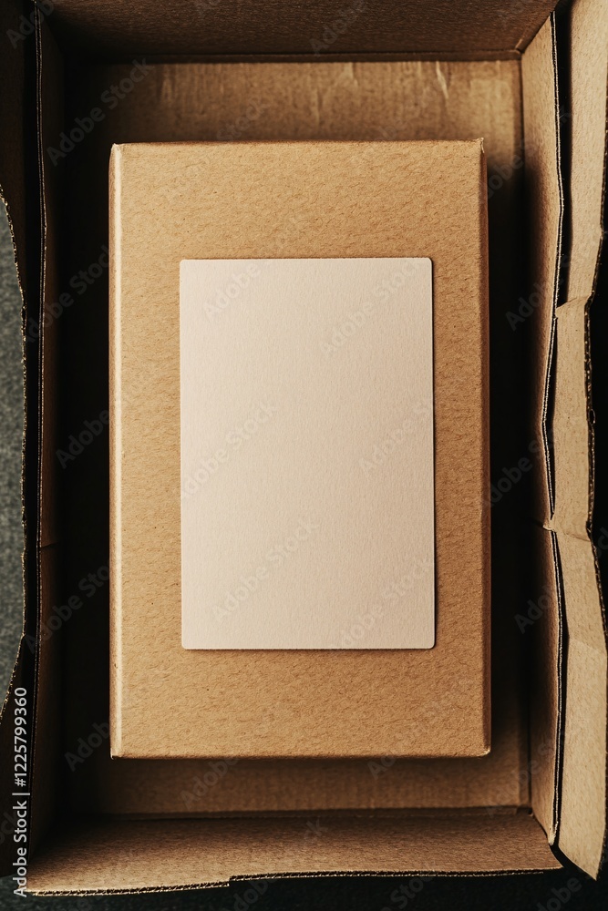 Poster open cardboard box with blank card inside for branding mockup