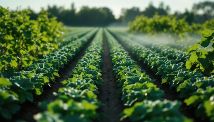 Lush green rows of cabbage plants growing in a sunlit field