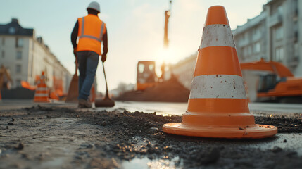Safety cones placed on the road with a construction worker actively working, symbolising caution, road maintenance, and infrastructure development