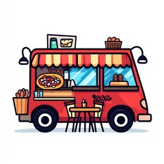 Fototapeta premium Red food truck with pizza, tables, and cafe seating