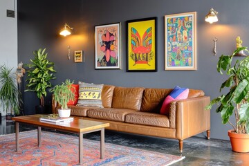 Mid-century modern living room with leather sofa, colorful art, and plants.
