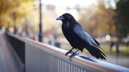 Living in urban jungles Black crow sit railing searching food Large urban crow pacing aluminum fence defocused background Bird in big city Symbol of bad luck and death Symbolizes intelligence