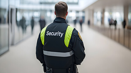 A security officer wearing a high-visibility vest with the word 'Security' displayed, symbolizing protection, vigilance, and safety enforcement