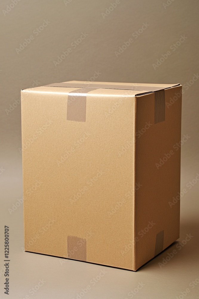 Poster closed cardboard box standing up with tape on beige background
