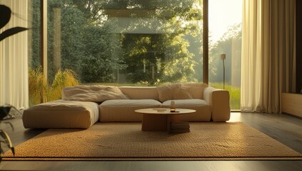 Obraz premium Serene Modern Living Room with Sunlit Garden View