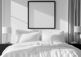 Minimalist bedroom with white bedding, frame, lamps, and sunlight.