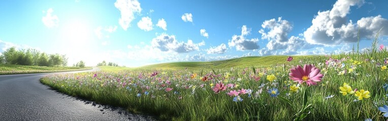 Obraz premium Vibrant wildflowers bloom in a myriad of colors along a winding country road, bathed in bright spring sunlight under a clear, blue sky dotted with fluffy clouds