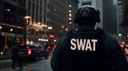 Side-back close-up view of a male SWAT team officer, showcasing tactical gear, readiness, and a sense of duty in a high-stakes environment