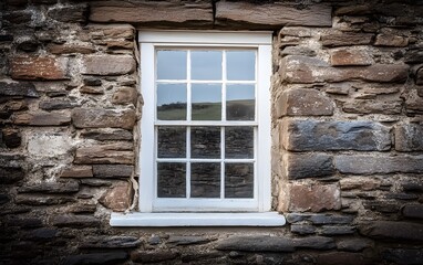 Rustic Stone Wall with White Pane Window Reflection