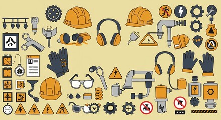 Safety Equipment Icons Construction Worker Gear