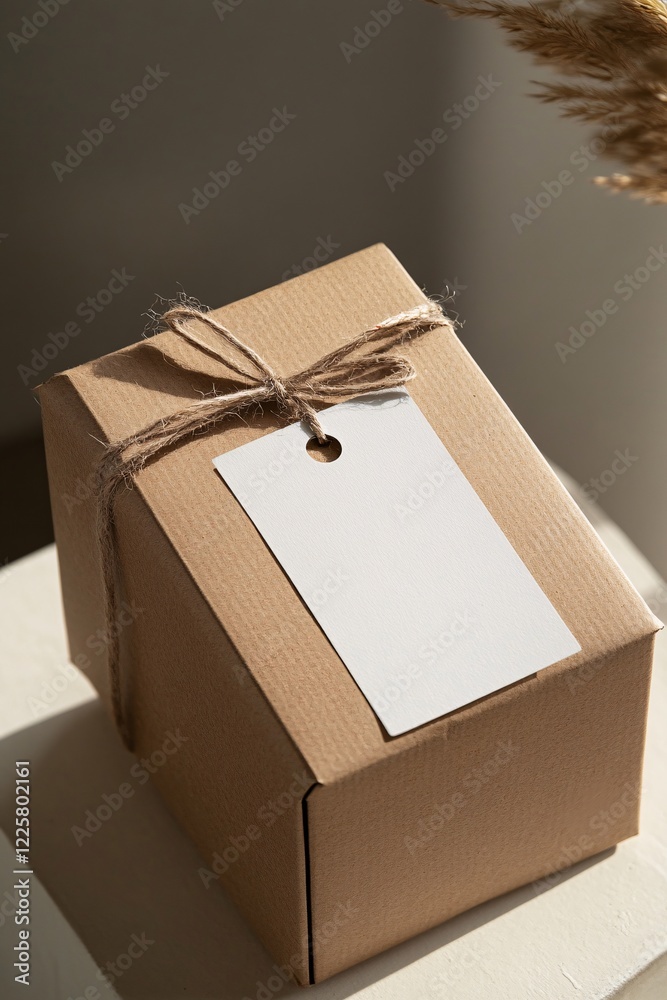Poster cardboard box is tied with twine with a blank gift tag resting on top