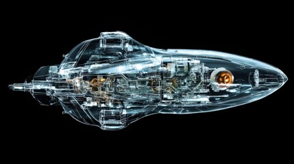 A starship with a translucent hull revealing the intricate machinery within