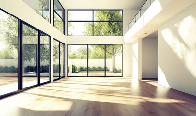 Fototapeta premium Modern Empty House with Large Windows and Sunlight