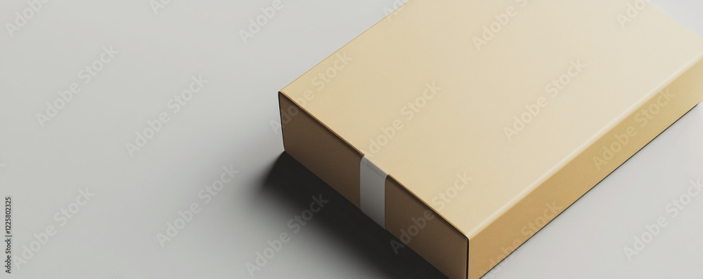 Poster closed rectangular cardboard box with white label lying on white background