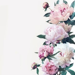 Fototapeta premium Delicate pink peonies on a white background. Wedding and Women's Day greeting card.