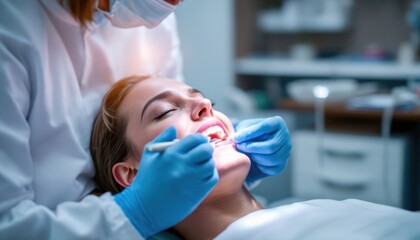 Female caucasian adult receiving dental checkup in clinic with dentist wearing gloves
