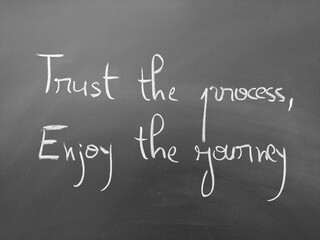 Inspirational chalkboard quote written in a white chalk font. Trust the process enjoy the journey