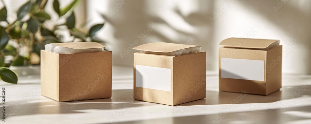 Poster Three cardboard boxes with white labels are standing on white table near window