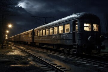 Fototapeta premium Abandoned Train Station at Night: Capturing the Mystery of Old Railway Tracks and Deserted Platforms - 3:2 AR