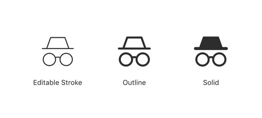 incognito icon spy symbol with a hat and glasses | anonymity icon | private browsing or browser web sign icon in Line, outline, solid, editable stroke