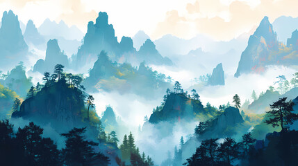 In tianmen shan national park, misty mountain vistas enchant with tranquil beauty, featuring rolling hills cloaked in. Enchanted Cliffs. Illustration