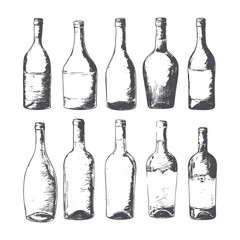 Set of sketch wine bottles rubber stamps