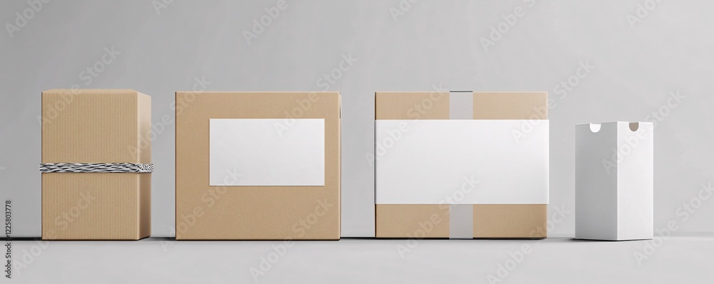 Poster different cardboard boxes with blank labels for your design