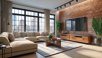 Modern living room with armchairs and large flat TV on the wall