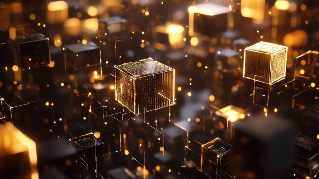 A series of interlocking hexagons filled with pulsating light illustrating the building blocks of advanced technology contributing to infrastructural growth.