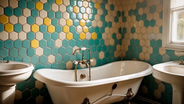 Modest bathroom with inexpensive blue tiles