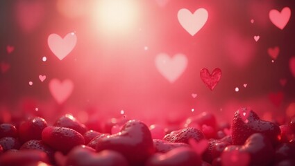 surreal and vibrant cinematic composition with glowing floating hearts over a dreamy red background creating a romantic atmosphere perfect for valentines day love celebrations and affectionate message