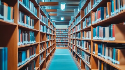 Public library at night with many books on shelves and working desks with lamps. Vector cartoon illustration of large dark room with bookshelves. University literature collection. Archive storage