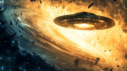 Gigantic UFO emerges from swirling wormhole near Jupiter with vibrant cosmic energy