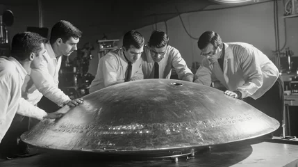 Fototapete Scientists investigate unidentified flying object artifact in secret laboratory of the 1960s © Taras Vykhopen