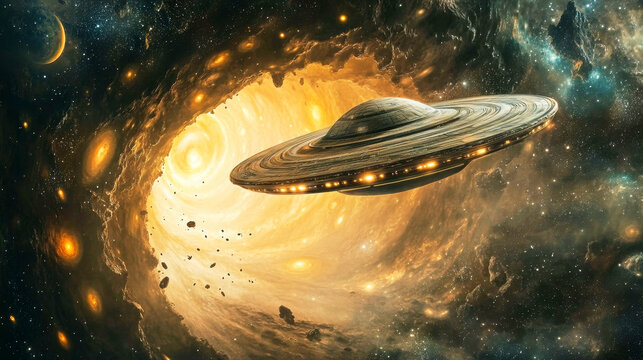 Gigantic UFO emerges from wormhole near Jupiter in swirling cosmic vortex with alien energy