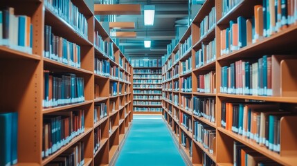 Public library at night with many books on shelves and working desks with lamps. Vector cartoon illustration of large dark room with bookshelves. University literature collection. Archive storage