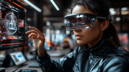 A futuristic woman wearing smart glasses interacts with a computer screen displaying holographic data.