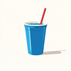 Blue soda cup with straw, summer day, shadow, refreshment