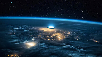 Fototapeta premium Mysterious black UFO cloaked in shadows above Earth's glowing atmosphere at night