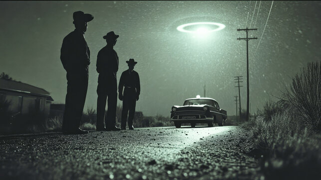Police officers investigate glowing UFO near abandoned road in 1950s