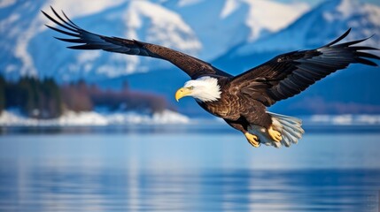 Fototapeta premium Bald Eagle Soaring Over Icy Alaskan Bay: Scenic View of Eagle Flying Up Above Ocean Waters - 16:9