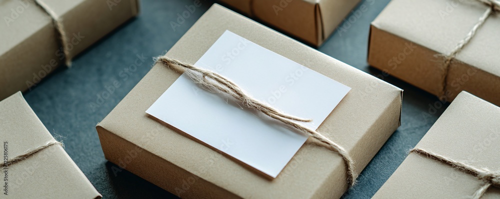 Poster online shop preparing multiple delivery packages with eco friendly wrapping paper and a blank label