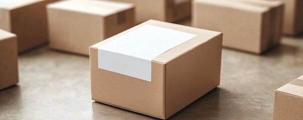 Cardboard boxes with blank labels are waiting for shipment