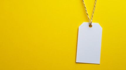 Blank nametag on a string on yellow background copy space