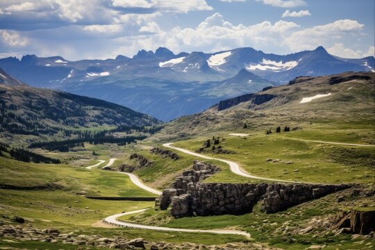 Beartooth Pass Summit: High Elevation Mountain Pass with Open Road and Scenic Montana Countryside