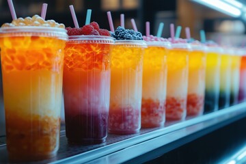 Bubble Tea Row: Diverse Flavors, Colorful Toppings, Refreshing Drinks