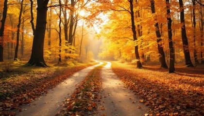 Obraz premium Serene autumn pathway through sunlit forest with vibrant leaves