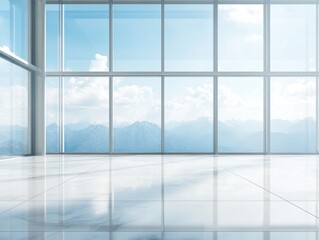 Modern empty office with panoramic mountain view.