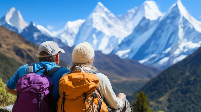 A couple on the Everest Base Camp trek near Dughla (4620m), pausing to enjoy the spectacular mountain scenery, with the majestic Ama Dablam (6812m) and Tobuche (6495m) peaks in the