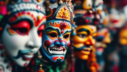 Fototapeta premium Vibrant traditional asian masks with intricate designs and bold colors